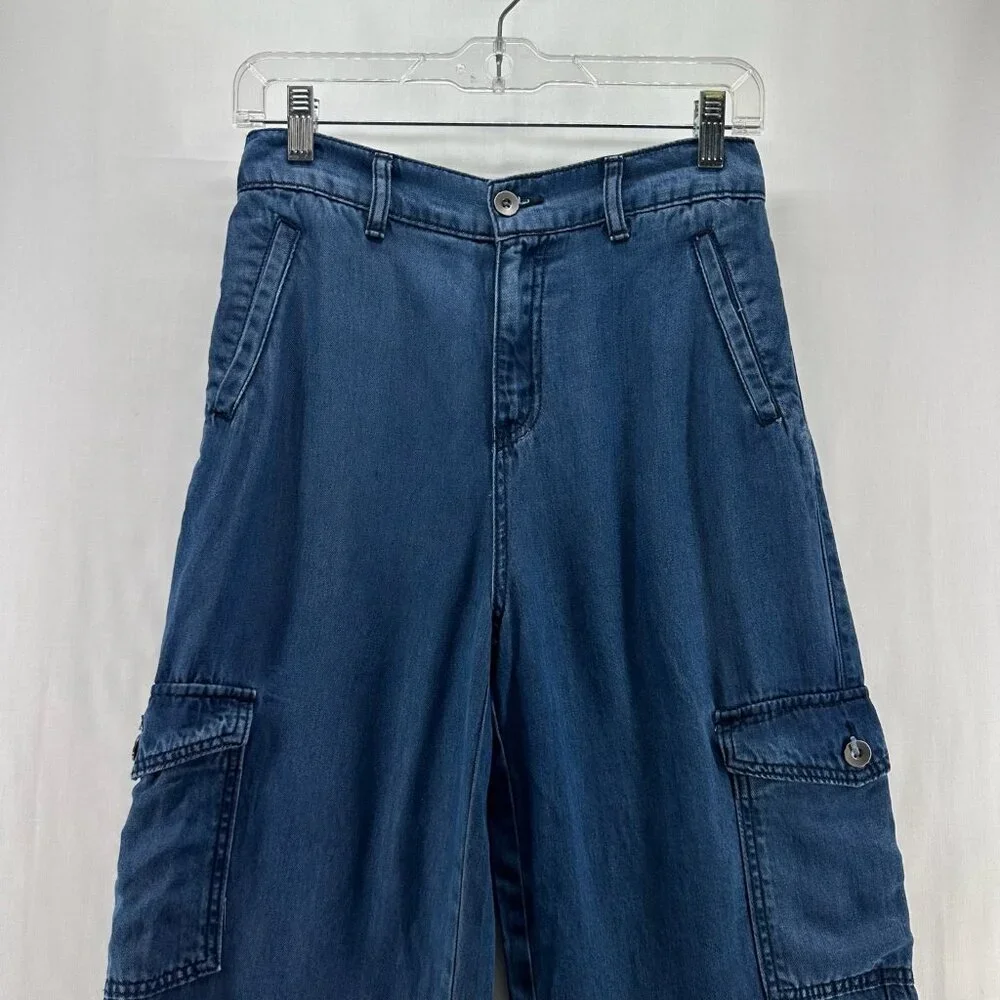 Happily Grey Pants Womens Sz 1/25 Baggy Wide Leg Cargo Denim Lyocell Blue - Picture 3 of 11